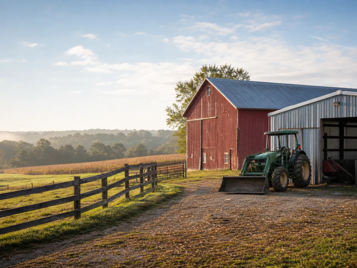A Missouri farm with a red barn, fence, fields, and tractor