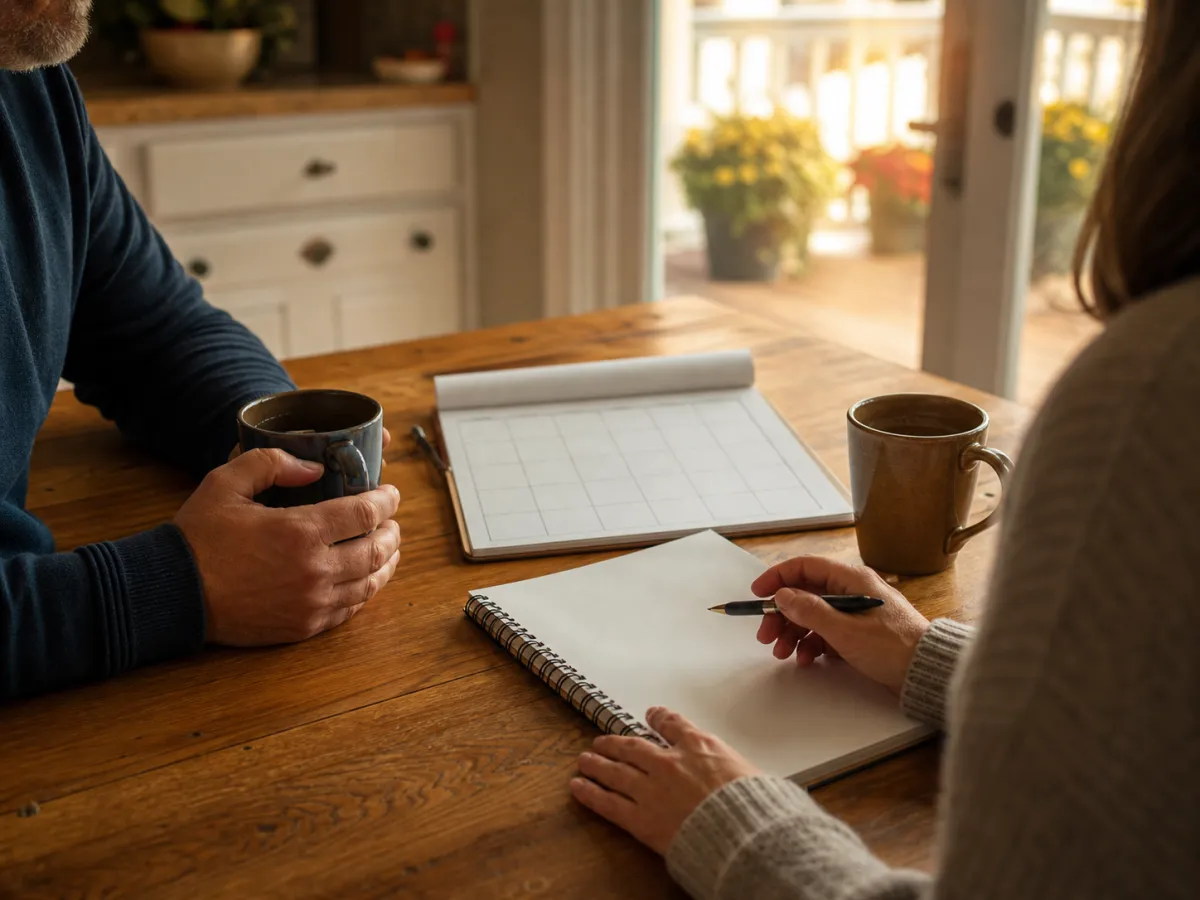 Two adults having a quiet planning conversation at a warm kitchen table