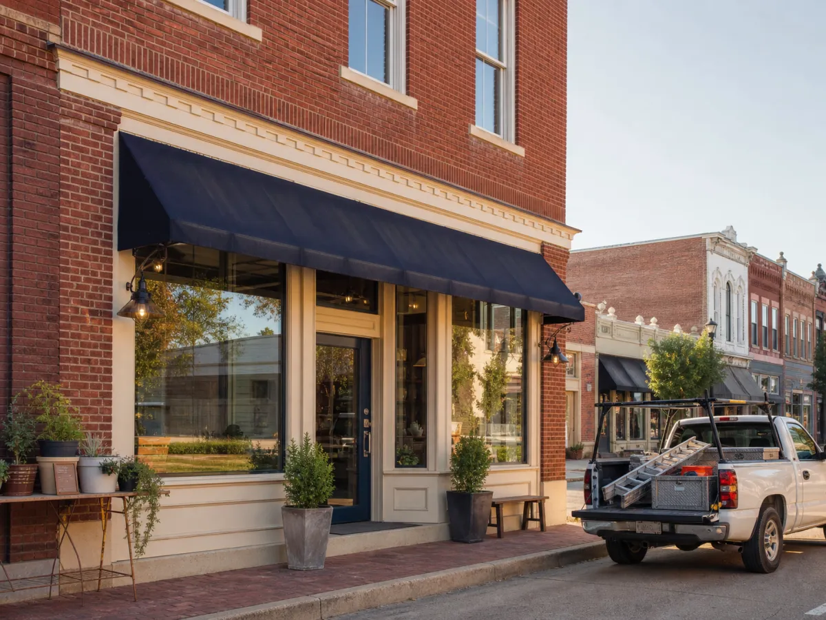 A welcoming brick storefront and contractor pickup in a small-town business district